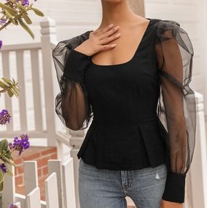 Lulus, Extra Black Organza Puff Sleeve Peplum Top
